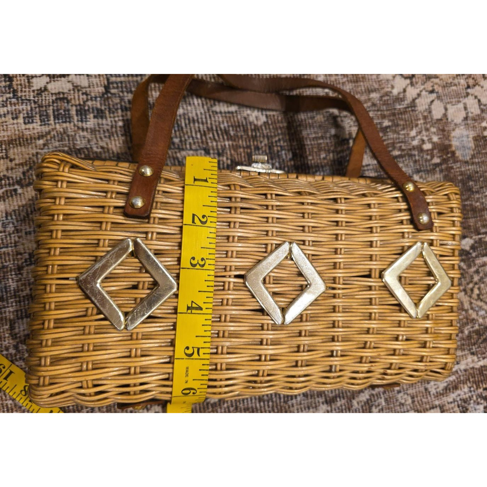 Hong Kong Coated Wicker Basket Purse Vtg 60s Mod Geometric Box Handbag MCM Retro - Picture 4 of 12